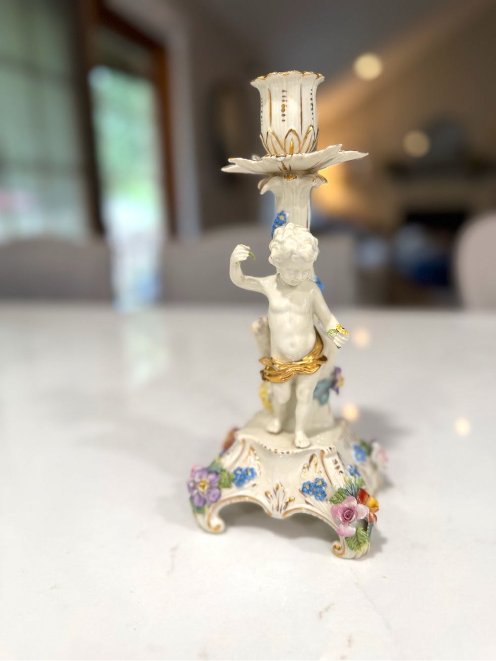 Vintage Antique Dresden Saxony Cherub and Floral Candlestick Holder